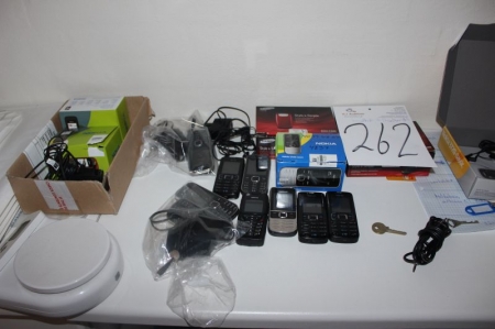 Various cell phones and office supplies