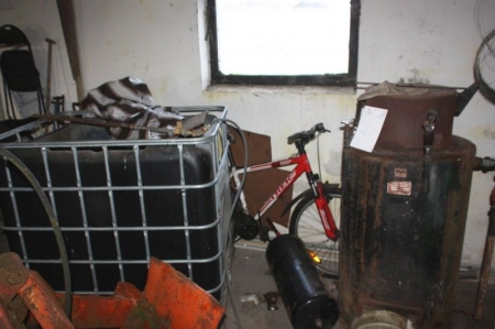 Pallet Tank + defective bike +  solid fuel furnace with hot air blower
