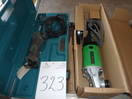 Angle Grinder, Hitachi, 9 ", unused + reciprocating saw, Makita, as new. Sale of private. VAT applicable on Buyers Premium only