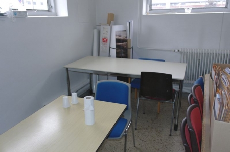4 tables + approx. 23 chairs + fridge + microwave