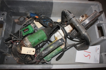 Box with 4 x power tools: angle grinder, ø 125 mm, Hitachi + angle grinder, ø 230 mm + drill, AEG + diamond cutting machine, Hitachi CM12V