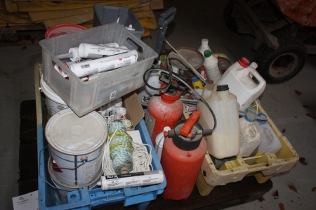 Pallet with various items, including garden sprayer, mason string, sealant, epoxy resins, consumer chemistry
