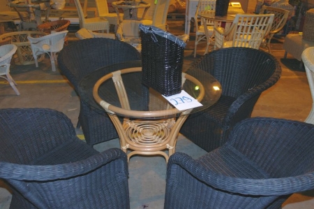 4 x wicker chairs + table with glass + newspaper rack