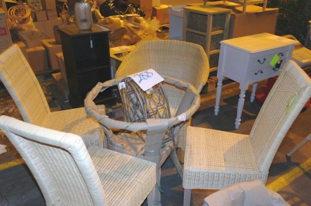 4 chairs which 3 are identical + table without top + wine rack
