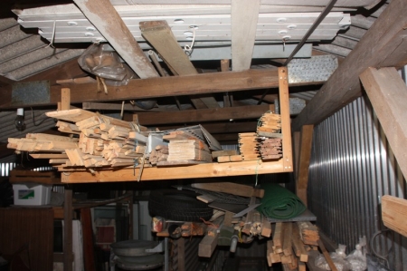 Contents of shelves, including lists, timber, aluminium ladder, wooden ladder, beams, tongue and groove paneling, carpet, ceiling light fittings etc.