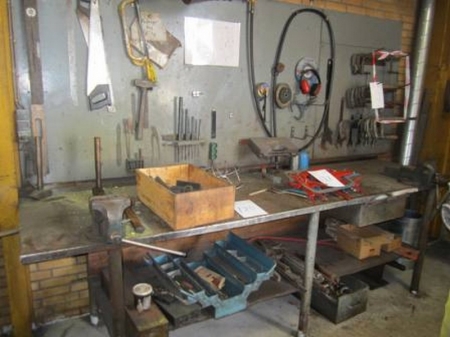 Work Bench with 2 vices as well as content and tools on the wall, except pliers and clamps