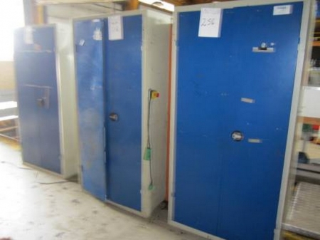 3 x steel cabinets with 2 doors, including 1 very dented