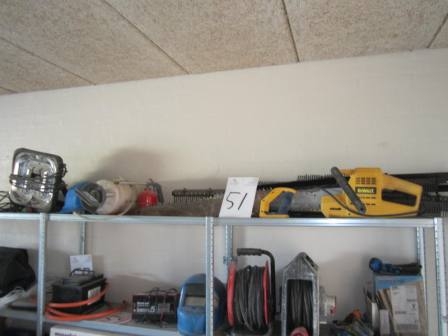 Power Gas Concrete Saw, and work lights, cables, etc. on top shelf