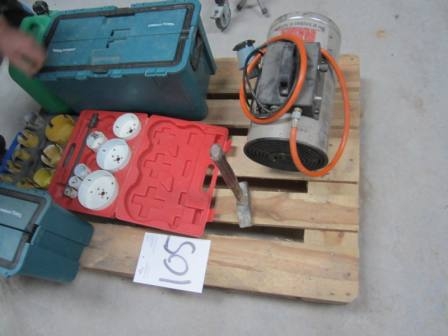 Pallet with gas heater, 2 tool boxes with content, 2 core drills and more