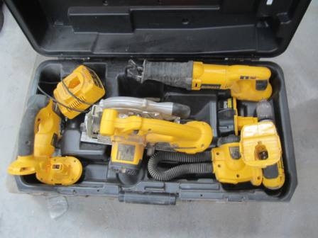Cordless DeWalt machines in case; Circular saw, torch, drill, jig saw, reciprocating saw with charger