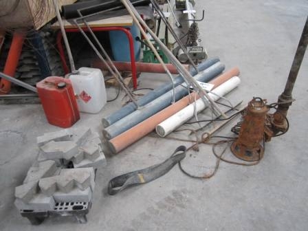 Submersible pump, chain gang, work tables, etc.
