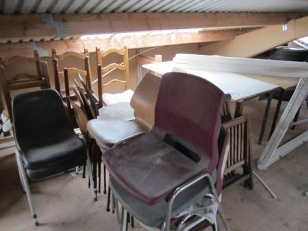 2 tables and chairs, stacking chairs, antique dining chairs, a total of about 25 chairs