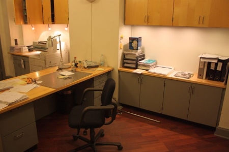 Workspace with desk + 2 cabinets, wall cabinet. Cabinet with wooden board. Office chair. (Papers not included)