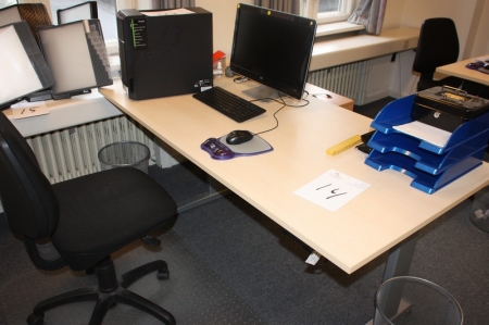 El hæve- sænke skrivebord, 1600x800 mm + kontormateriel + kontorstol + køreplade + tavle + knagerække + høj bogreol