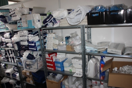 Contents in 4 span Steel Shelving, including diapers, colostomy bags, cleaning products, etc.