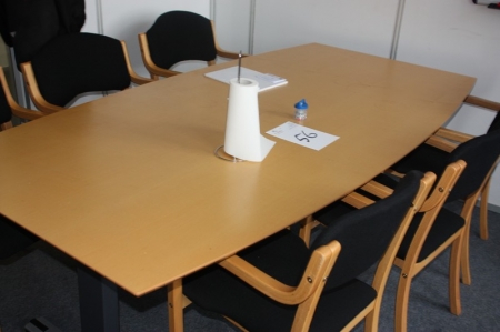 Meeting table, beech + 6 chairs, laminated beech with black ticking in the back and seat + rack