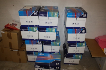 Approximately 13 boxes of copy paper labelled A4, 80 g m3