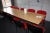 2 x canteen table, foldable + 10 chairs in red cloth cover seat and back