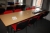 2 x canteen table, foldable + 8 chairs in red cloth cover seat and back