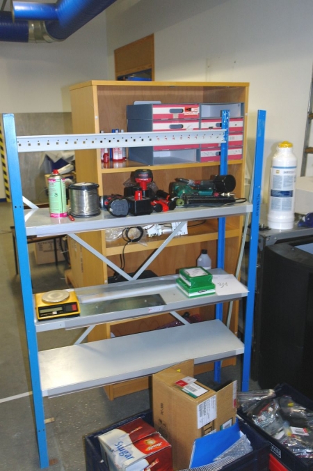 Steel Shelving with various cordless screwdriver + Air Tools + scale + wooden bookcase + desk, + table, etc.