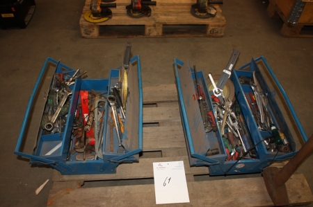2 tool boxes, metal, containing hand tools, etc.
