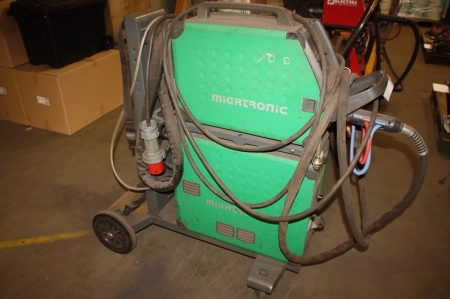 Welding rectifier, Migatronic Sigma 500 + wire feed box + welding cables + torch. Mounted in a frame on wheels
