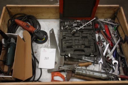 Pallet with various hand tools + power angle grinder, 125 mm dia, Fein + power angle grinder, 125 mm diameter, Metabo, unused