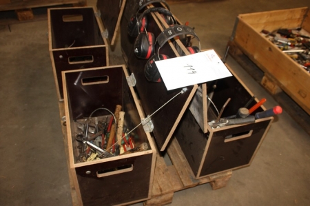 2 x tool boxes, wood, containing hand tools, etc.