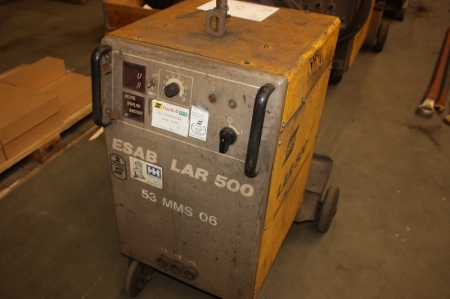 Welding rectifier, ESAB LAR500. Mounted in a frame on wheels
