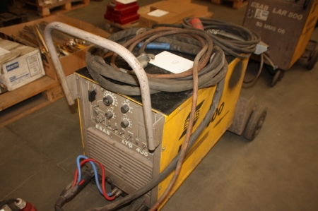 TIG-svejseaggregat, ESAB LTG400 med svejsekabel + svejsehåndtag. Monteret i ramme på hjul