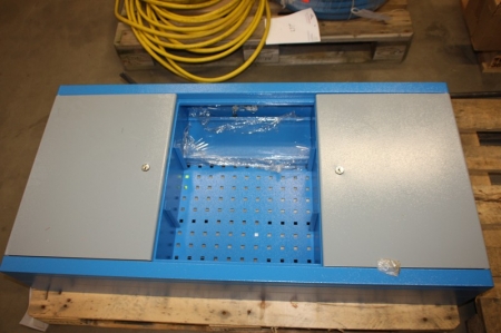 Pallet with unused metal tool board with key + various shelves on pallet