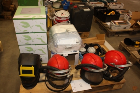 Welding helmet + 3 x fresh air helmets with accessories + Paper Towel Dispenser, Tork + 4 x mailboxes, metal, white, unused