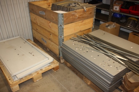 Paller med stålhylder for stålreol, bl.a. 118 x 60 cm + 80 x 45 cm + 100 x 45 cm + stænger