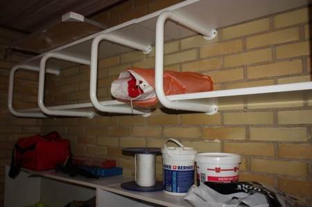 Hanger Shelf with content + bookcase with content (item 30 included), including clothing, hand cleaners, dust masks, work gloves, abrasive paper