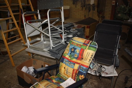 About 7 camping chairs + miscellaneous camping tables + camping cutlery + stairs to the caravan