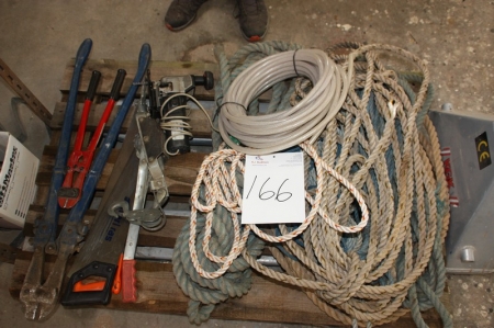 Pallet with ropes + air + cable bolt cutters + lever block + jigsaw