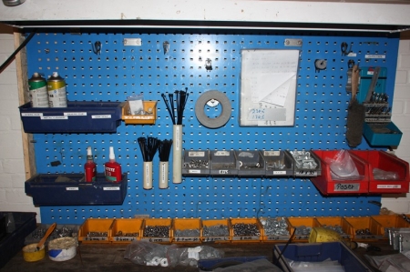 Work Bench, approx. 2000 x 800 mm + vice + drawer + tool panel with light + content, including bolts, nuts, washers, blind plugs, etc.