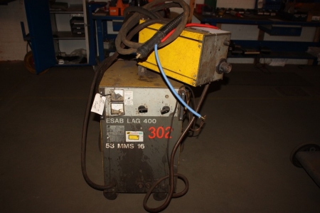 Welding rectifier, ESAB LAG 400 + wire feed box, ESAB A10-MEC 33 + welding cables. Mounted in a frame on wheels