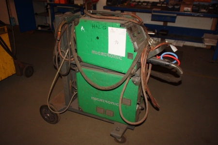 Welding rectifier, Migatronic Sigma 500 + wire feed welding cable box + + torch. Mounted in a frame on wheels