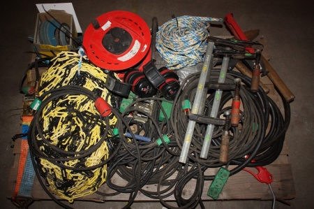 Pallet with miscellaneous, including clamps, sledge hammers, electric cables, barrier chains, etc.