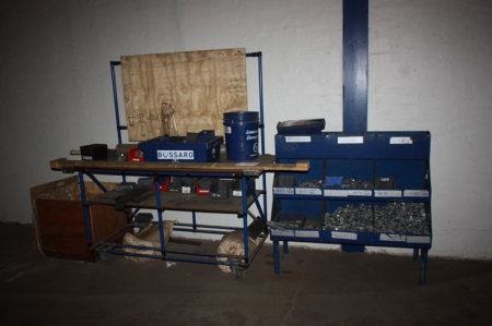 Bolt Cabinet with Content + material trolley with tool panel with content including nuts and bolts + wooden box with rope