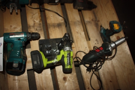 Cordless drill, Makita battery and charger + Cordless drill, Worx, with battery and charger + power die grinder, Metabo + cordless impact wrench (without battery and charger)