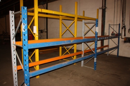 2 span pallet rack, 8 load beams, approx. 2.8 meters. 3 uprights, approx. height of 2 meters, width approx. 60 cm.