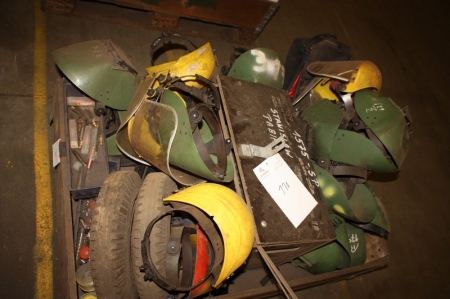 Pallet with welding helmets + tool box etc.