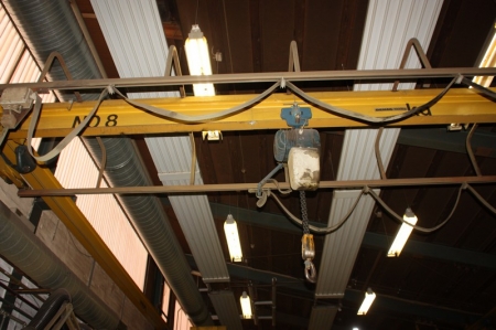 Overhead Crane (8), Demag, 1000 kg. + Electric hoist below gantry, Demag, 1000 kg. Hook 1000 kg. Span approx. 7 meters