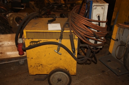 Stick welding rectifier, ESAB THF 630 + safe unit + cables. Mounted in a frame on wheels