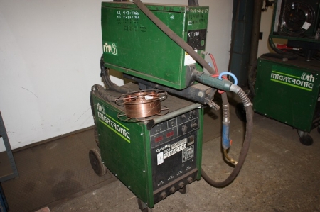 Welding rectifier, Migatronic Dynamig 505 + wire feed box, Migatronic KT 140 + welding cables + torch. Mounted in a frame on wheels