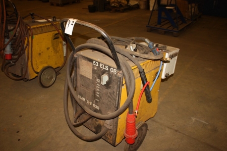 CO2 svejseaggregat, ESAB THF 630 + sikkerhedsboks + svejsekabler + svejsehåndtag. Monteret i ramme på hjul
