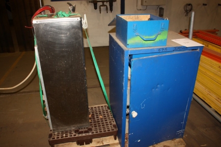 Pallet with drinking water dispenser + steel tool cabinet + steel box with hand tools