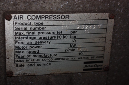 Stempelkompressor monteret i ramme på hjul, Atlas Copco, type LT 930 UV. 30 bar. Liter/min: 1800. Årgang 1988